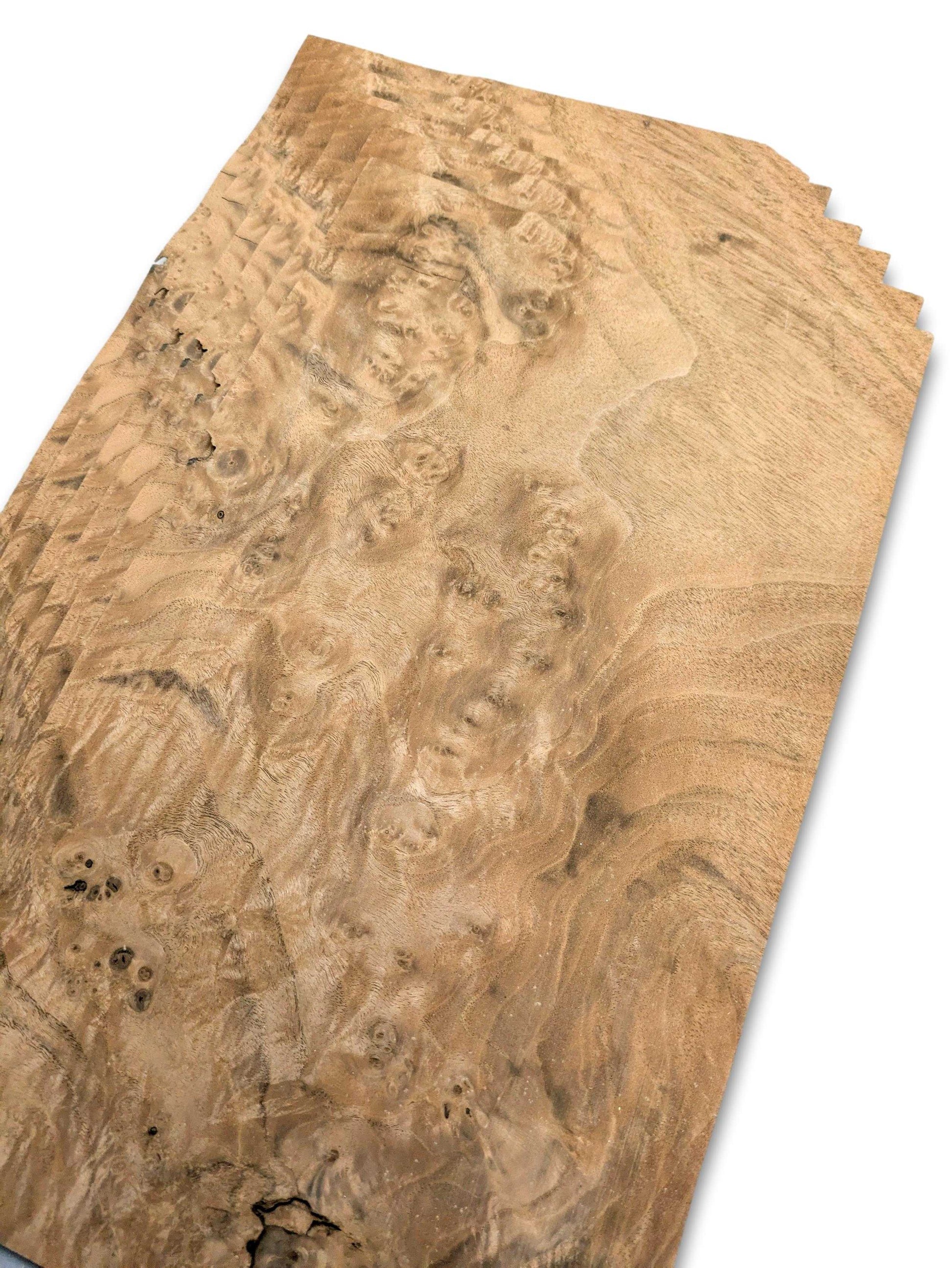 Detailweergave van walnoot wortelfineer met natuurlijke tekening en structuur, geschikt voor marqueterie en creatieve houtbewerking.